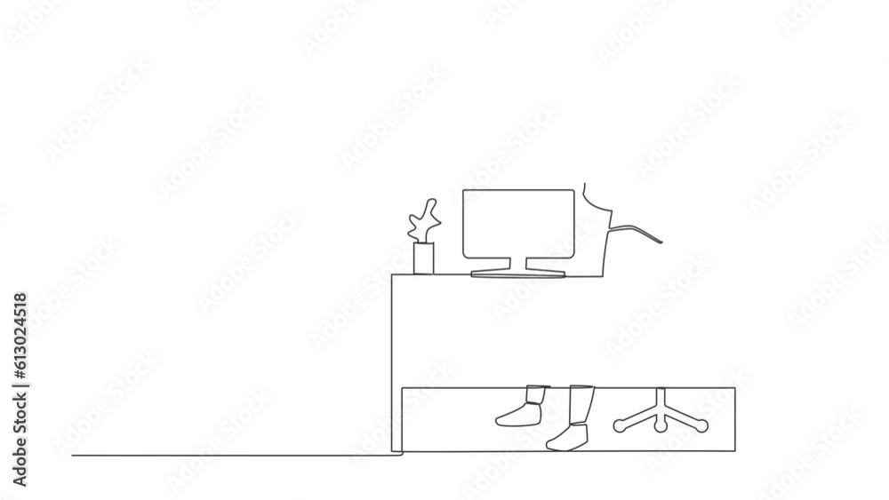 Poster self drawing animation of single line draw robot sitting with raised hands near desk computer. succe