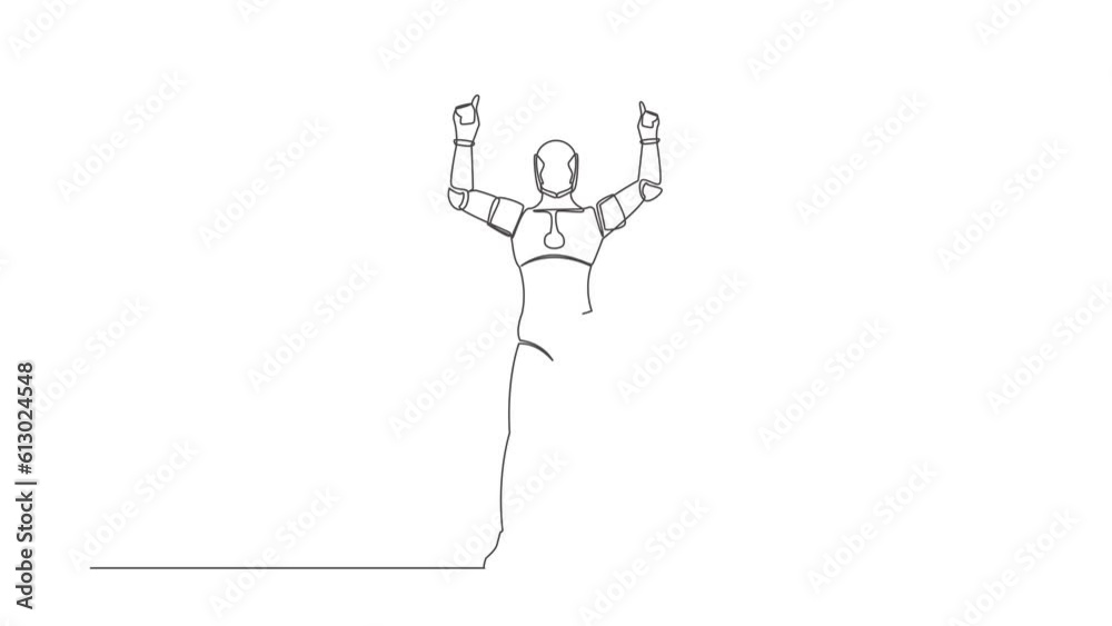 Poster animated self drawing of continuous line happy robot standing with both hands pointing index fingers