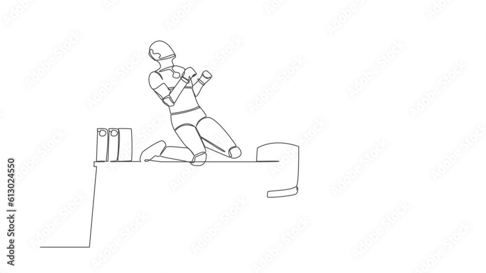 Poster animated self drawing of continuous line robot kneeling with celebrating goal pose on table desk. fu
