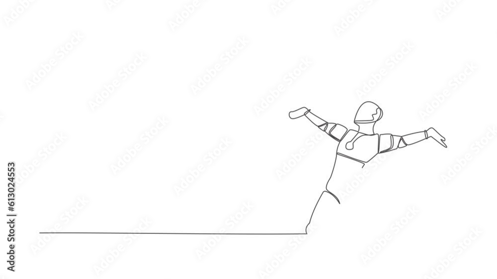 Poster animated self drawing of continuous line robot jumping with raised legs and spread arms. future tech