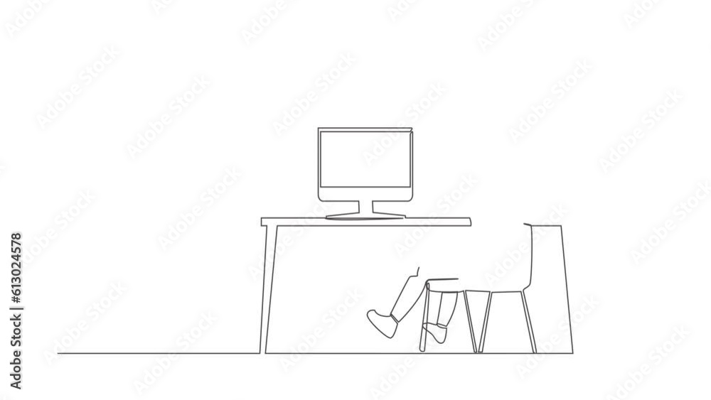 Poster animated self drawing of continuous line draw back view robot completed task and triumphing with rai