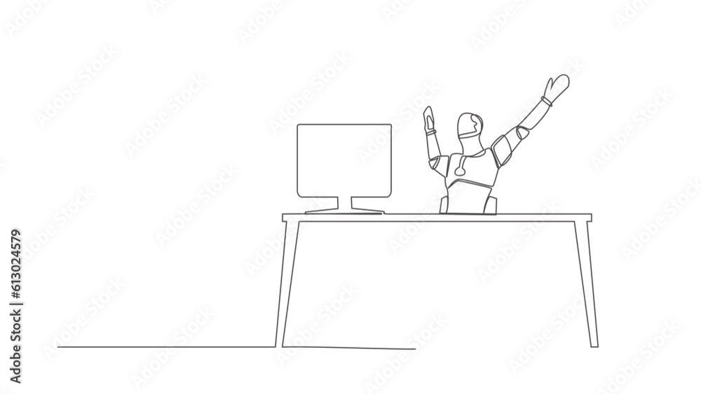 Poster self drawing animation of single line draw robot sitting with raised hands near desk with computer. 