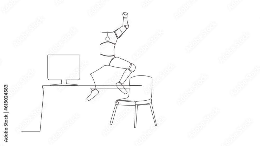 Poster animated self drawing of continuous line robot jumping with raised hands near desk workplace. roboti