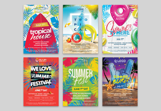 Summer Beach Party Event Flyer Layouts with Tropical Elements