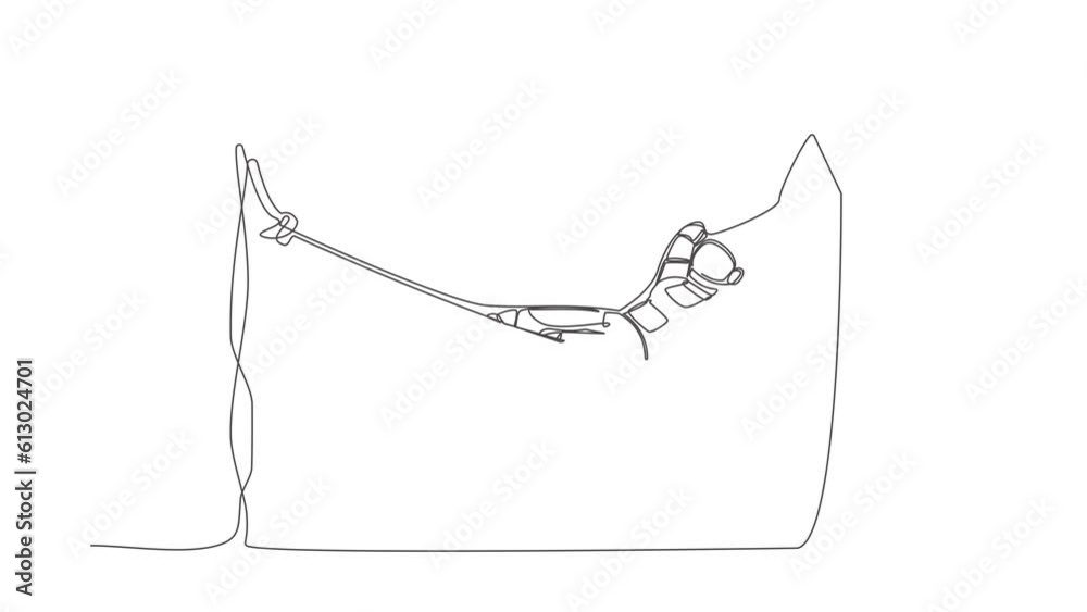 Poster animated self drawing of continuous line draw of happy astronaut lying and sleeping in hammock. vaca