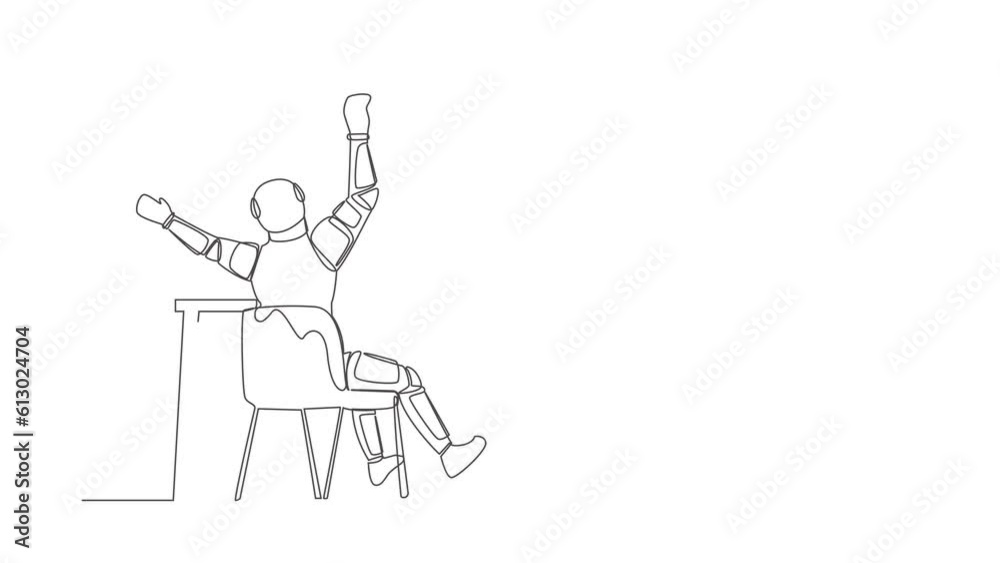 Poster self drawing animation of single line draw back view astronaut completed task and triumphing with ra
