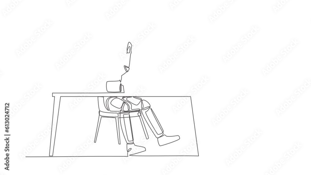 Poster animated self drawing of continuous line draw astronaut sitting with raised hands near desk with com