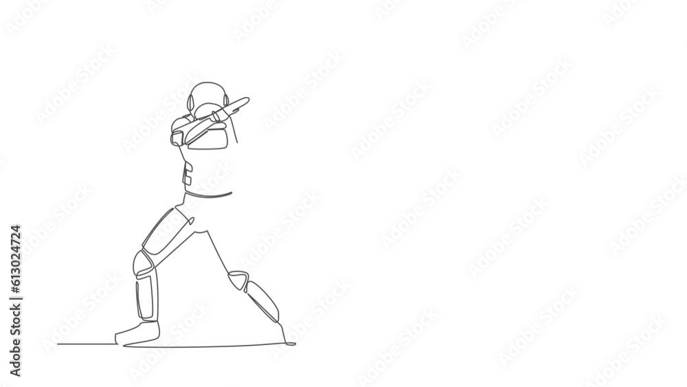 Poster self drawing animation of single line draw astronaut standing with crossing arms look down. cheerful