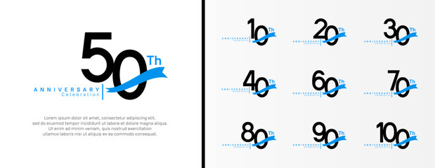 set of anniversary logo flat black color number and blue ribbon on white background for celebration