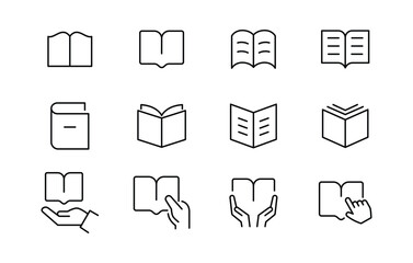 Book icons set editable stroke chooses open book line icon E-book, online library Hands hold book. Reading and hobbies. Self-education and study. Sheets with paper pages. giving the book icon