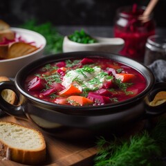 Close-up of Russian Borscht with Sour Cream and Bread