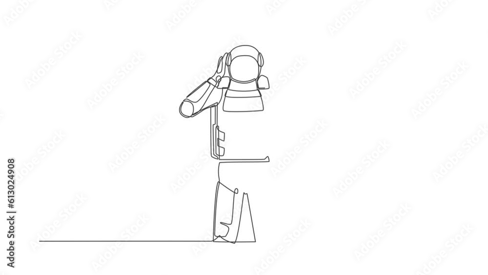 Poster animated self drawing of continuous line draw astronaut standing with covering ears with hands, maki