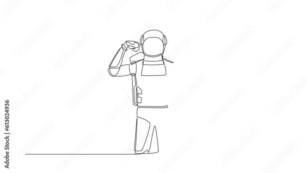 Poster animated self drawing of continuous line draw astronaut standing with gestures two hand fist up. str