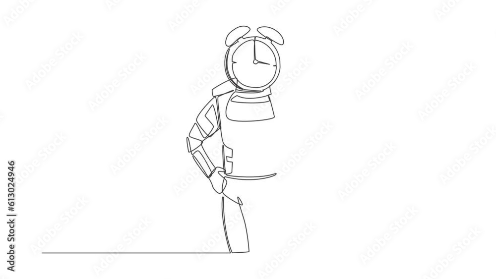 Poster animated self drawing of continuous line draw of astronaut with alarm clock instead of head. spacema