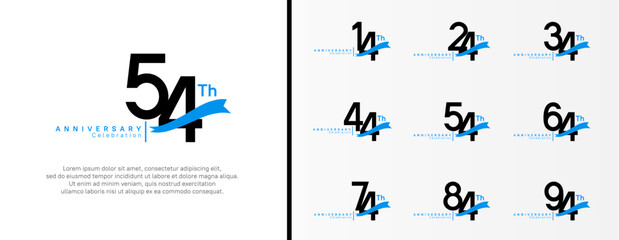 set of anniversary logo flat black color number and blue ribbon on white background for celebration