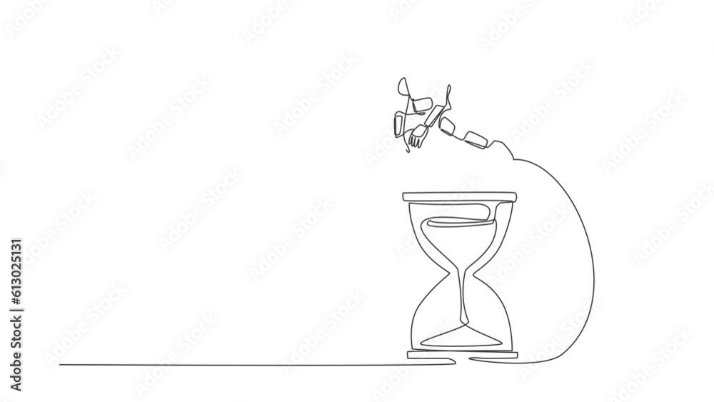 Poster self drawing animation of single line draw astronaut jumping over hourglass. business spaceship comp