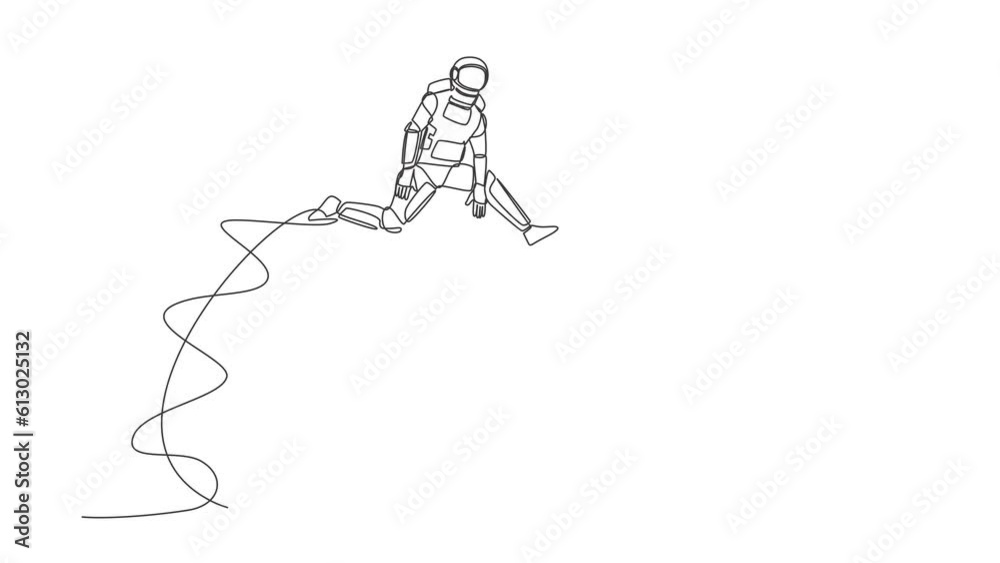 Poster animated self drawing of continuous line draw of astronaut jumping over piggy bank. security money s