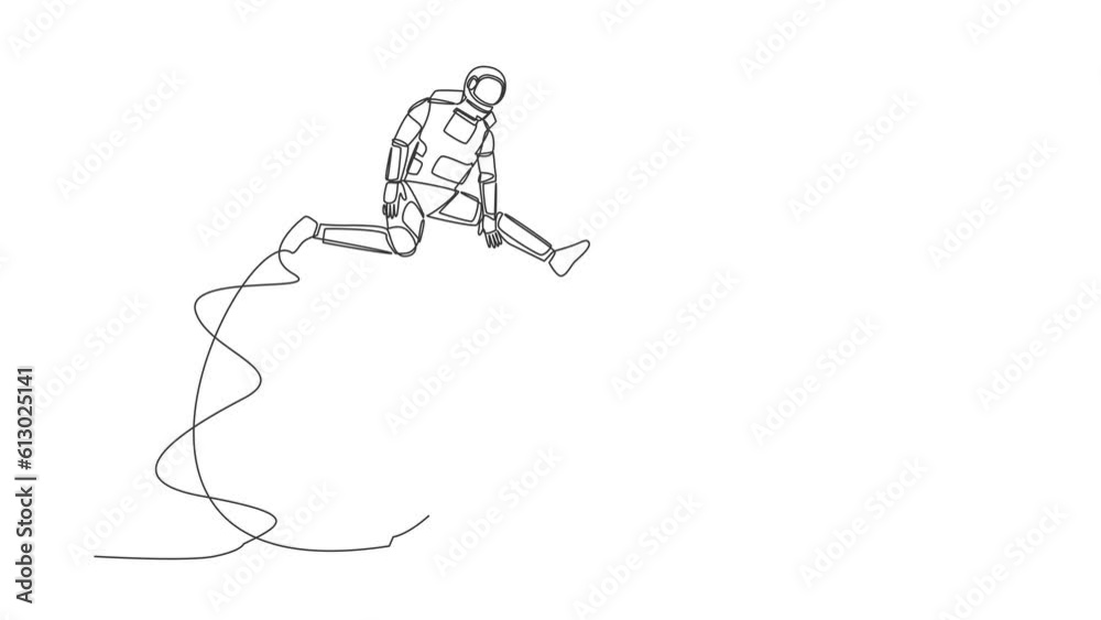 Poster animated self drawing of continuous line draw astronaut jump over shield. protection and insurance f