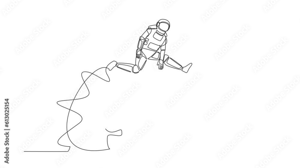 Poster self drawing animation of single line draw astronaut jumping over big gears. developing spaceship in