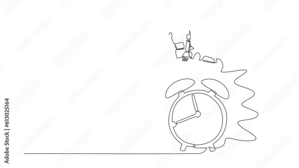 Poster animated self drawing of continuous line draw young astronaut jumping over alarm clock. spaceship ex