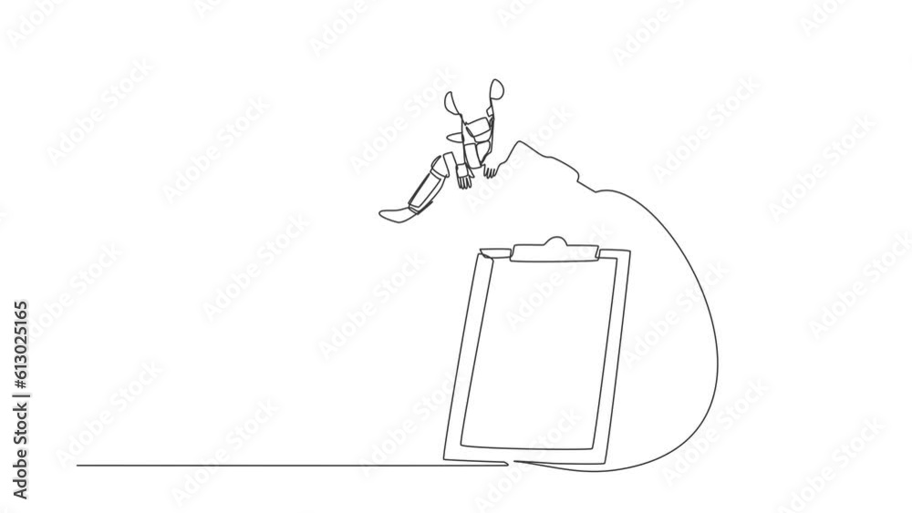 Poster animated self drawing of continuous line draw astronaut jumping over clipboard. checklist space expe
