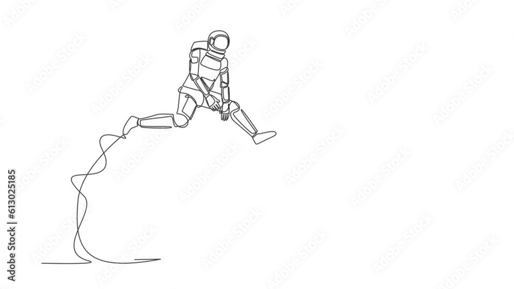 Poster self drawing animation of single line draw astronaut jumping over folder icon. data archive in space