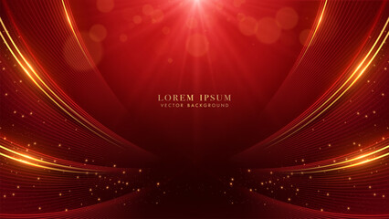 Golden and red curve lines with glittering light, light beam effects and bokeh decoration on red background. Luxury style vector design