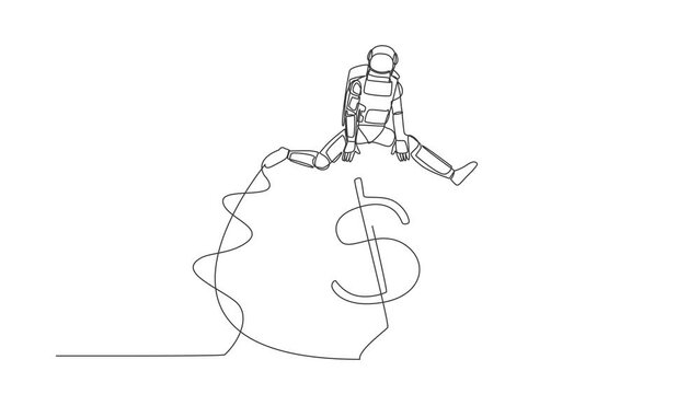 Self drawing animation of single line draw astronaut jumping over money pitfall with big money dollar symbol. Financial trap in spaceship. Cosmic galaxy space. Continuous line. Full length animated