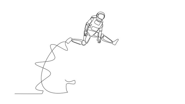 Self drawing animation of single line draw astronaut jumping over big gears. Developing spaceship innovation. Operation expedition management. Cosmic galaxy. Continuous line draw. Full length animated