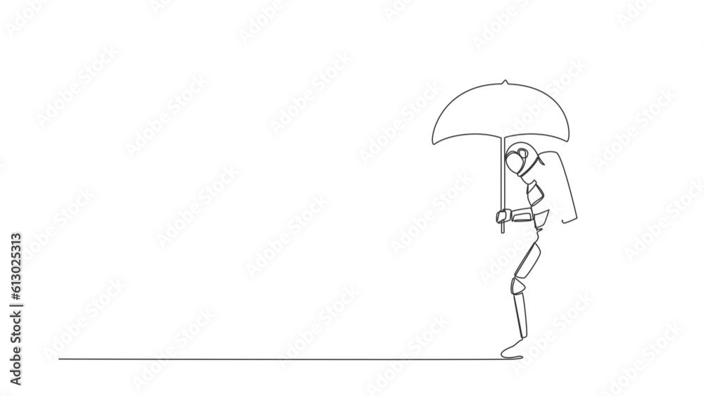 Poster self drawing animation of single line draw astronaut walking with umbrella under rain cloud. failed 