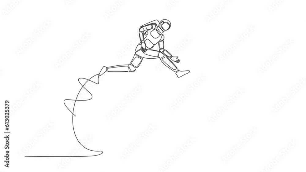 Poster animated self drawing of continuous line draw astronaut jumping over clock. time management and sche