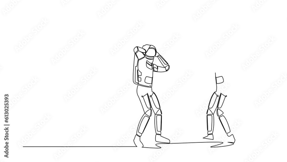 Poster self drawing animation of single line draw frustrated astronaut see himself failure in mirror. menta