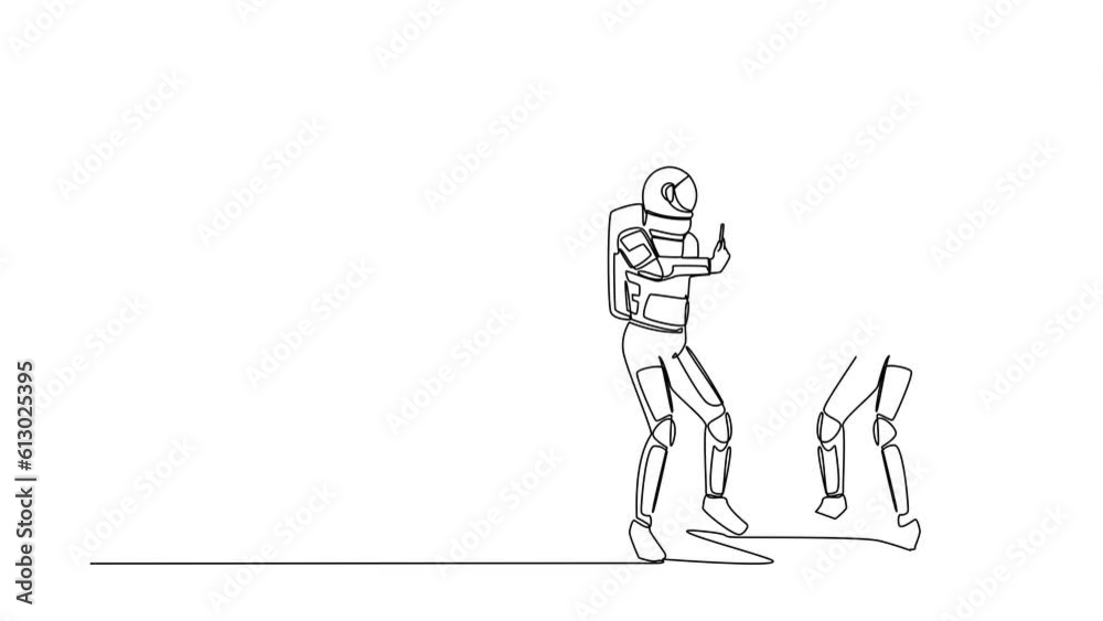 Poster animated self drawing of continuous line draw astronaut in spacesuit taking selfie in front of mirro