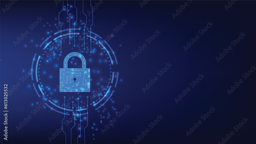 Wall mural digital padlock with virtual screen on dark background with copy space. cyber security technology fo