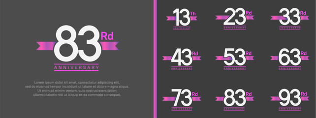 set of anniversary logo white color number and purple ribbon on black background for celebration