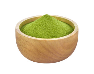 green tea powder in wood bowl on transparent png