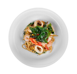 Spaghetti drunken seafood in the white plate on transparent png