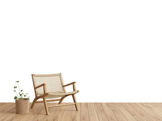 Free PSD a rattan chair in a empty room with a plant . Decorated home mockup with free space. 3d illustration, 3d rendering