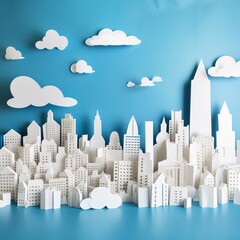 Paper Cutout of City Skyline Surrounded by Environmental Cutouts, Emphasizing Sustainable Urban Development