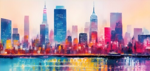 Illustration, artistic painting of a city with big skyscrapers, river, AI generative