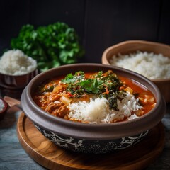 Spicy Bhutanese Ema Datshi with White Rice and Salad