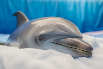 Dolphin sleeps on a white blanket realistic photograpy. Generative AI