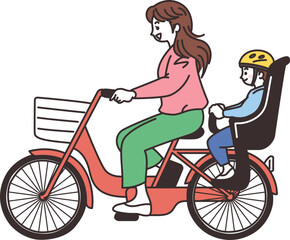 Fototapeta na wymiar 幼い男の子を乗せて自転車を漕ぐ母親