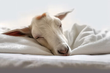 Goat sleeps on a white blanket realistic photography. Generative AI