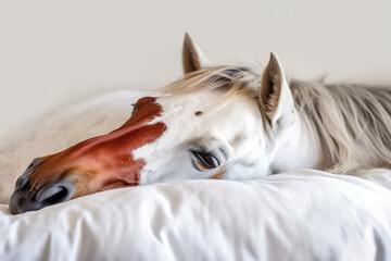 Horse sleeps on a white blanket realistic photograpy. Generative AI