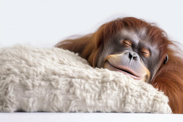 score Orangutan sleeps on a white blanket realistic. Generative AI
