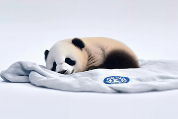 score Panda sleeps on a white blanket realistic photograpy. Generative AI