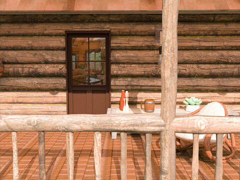 Cabin balcony with rustic decoration and furnishing. Front view. Exterior design. Exterior decoration. 3d rendering