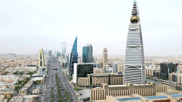 Drone hyperlapse of Al Faisaliah Tower in Riyadh city Saudi Arabia