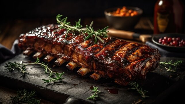 close up brown barbecue ribs with a sprinkling of chopped green vegetables and blur background